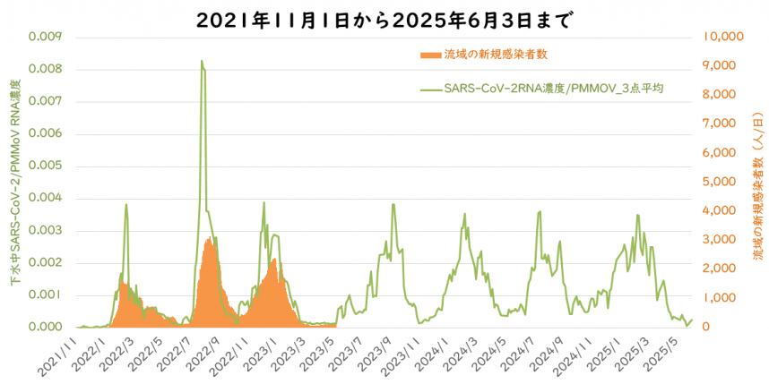 ウイルス量と流域の新規感染者数の6月の図