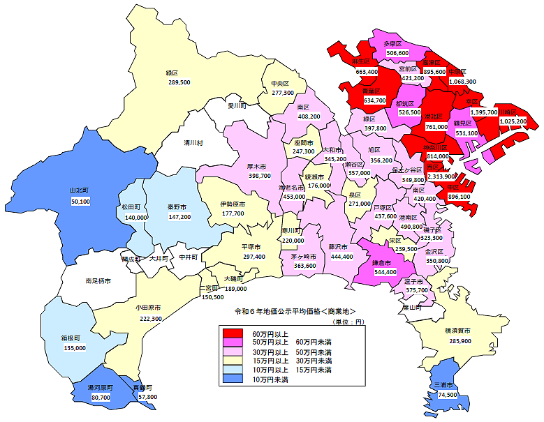 令和6年地価公示（神奈川県分）　市区町村別　平均価格地図（商業地）