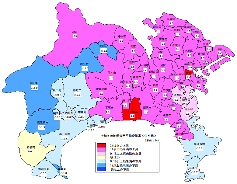 令和5年地価公示（神奈川県分）　市区町村別　平均変動率地図（住宅地）