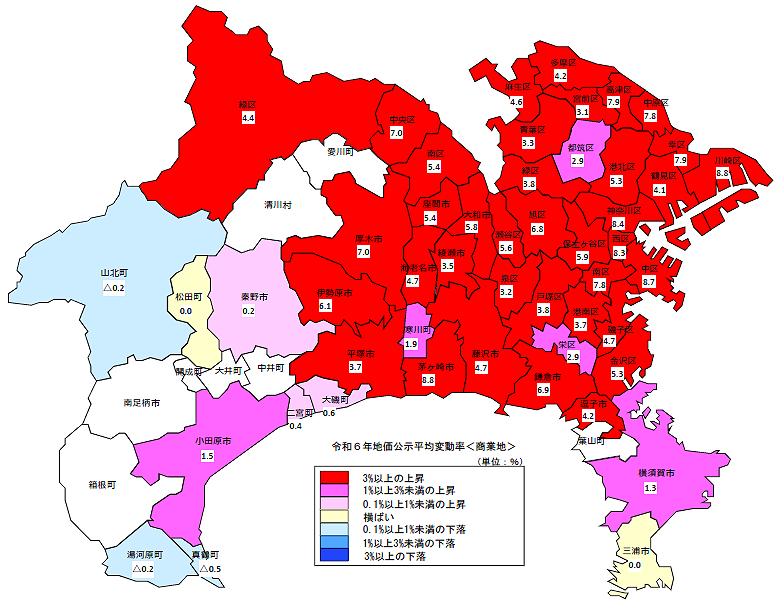 令和6年地価公示（神奈川県分）　市区町村別　平均変動率地図（商業地）