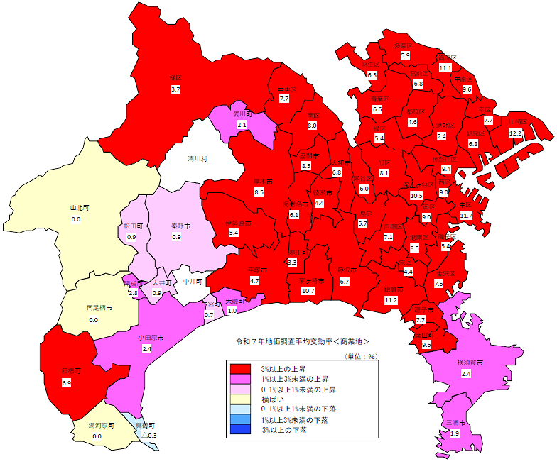 令和7年地価調査平均変動率地図（商業地）