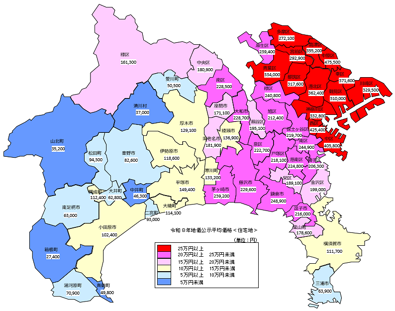 令和8年地価公示（神奈川県分）　市区町村別　平均価格地図（住宅地）