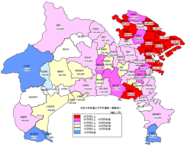 令和8年地価公示（神奈川県分）　市区町村別　平均価格地図（商業地）