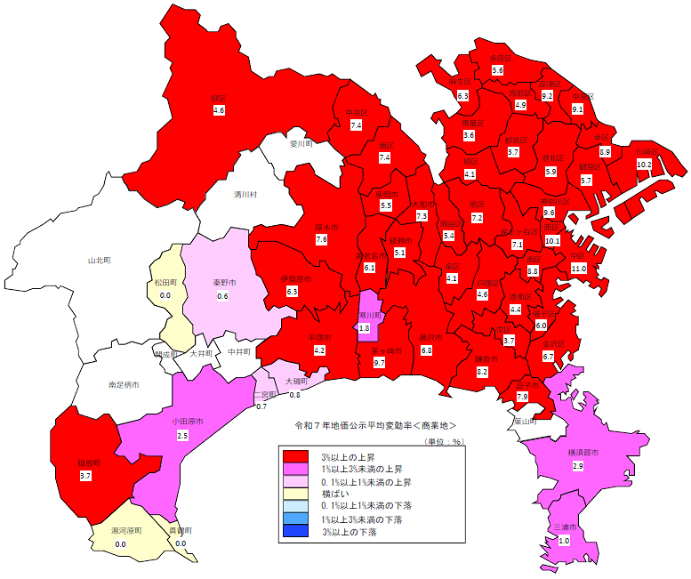 令和7年地価公示（神奈川県分）　市区町村別　平均変動率地図（商業地）