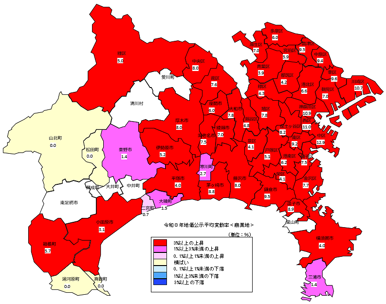 令和8年地価公示（神奈川県分）　市区町村別　平均変動率地図（商業地）