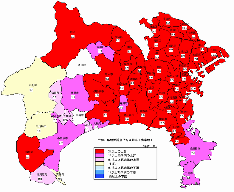 令和8年地価調査平均変動率地図（商業地）