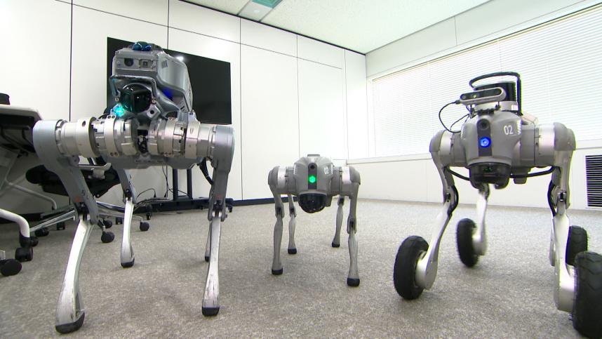 アジア航測にて、迫りくる3体の四足歩行ロボットたち