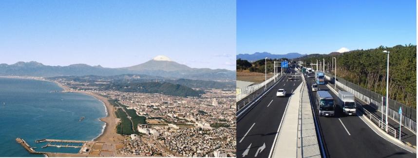 写真_「平塚海岸と富士山」と「海岸沿いの国道134号」