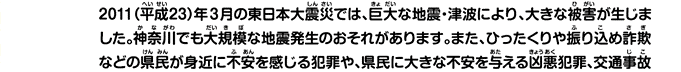 2011（平成23）年3月の東日本大震災では、巨大な地震・津波により、大きな被害が生じました。神奈川でも大規模な地震発生のおそれがあります。また、ひったくりや振り込め詐欺などの県民が身近に不安を感じる犯罪や、県民に大きな不安を与える凶悪犯罪、交通事故