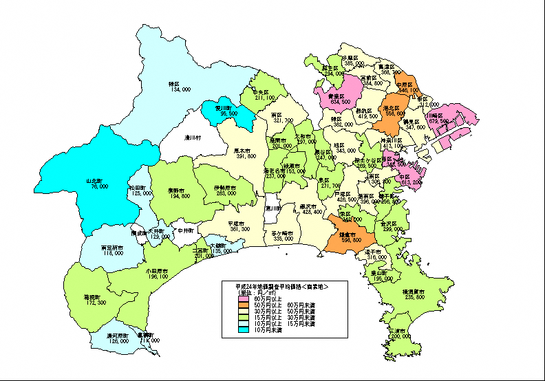 平成24年地価調査　市区町村別　平均価格地図（商業地）