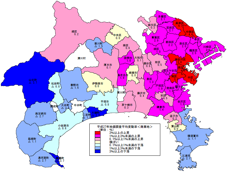 平成27年地価調査　市区町村別　平均変動率地図（商業地）