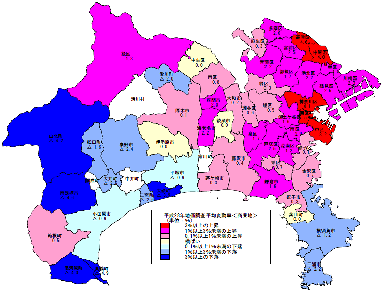 平成28年地価調査　市区町村別　平均変動率地図（商業地）