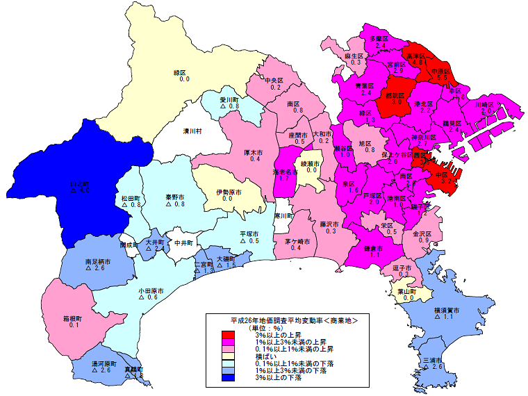 平成26年地価調査　市区町村別　平均変動率地図（商業地）