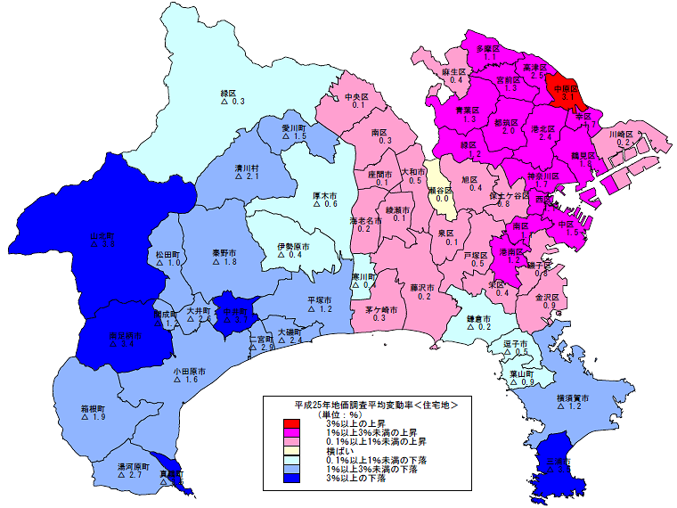 平成25年地価調査　市区町村別　平均変動率地図（住宅地）