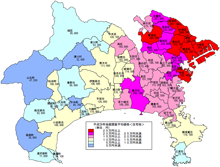 平成29年地価調査　市区町村別　平均価格地図（住宅地）