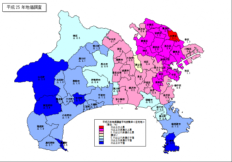 平成25年地価調査　市区町村別　平均変動率地図（住宅地）