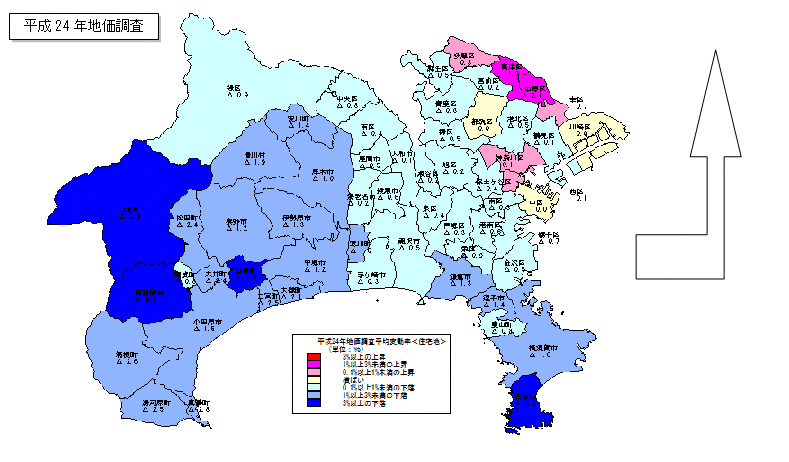 平成24年地価調査　市区町村別　平均変動率地図（住宅地）