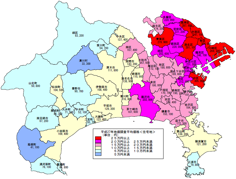 平成27年地価調査　市区町村別　平均価格地図（住宅地）