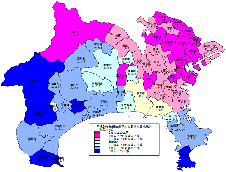 平成29年地価公示（神奈川県分）　市区町村別　平均変動率地図（住宅地）