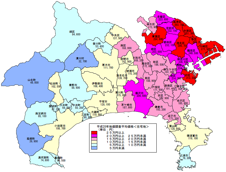 平成28年地価調査　市区町村別　平均価格地図（住宅地）