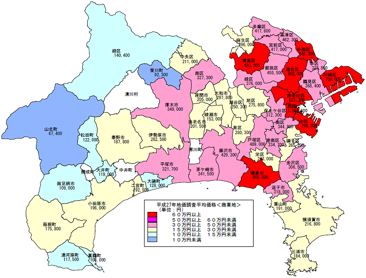平成27年地価調査　市区町村別　平均価格地図（商業地）