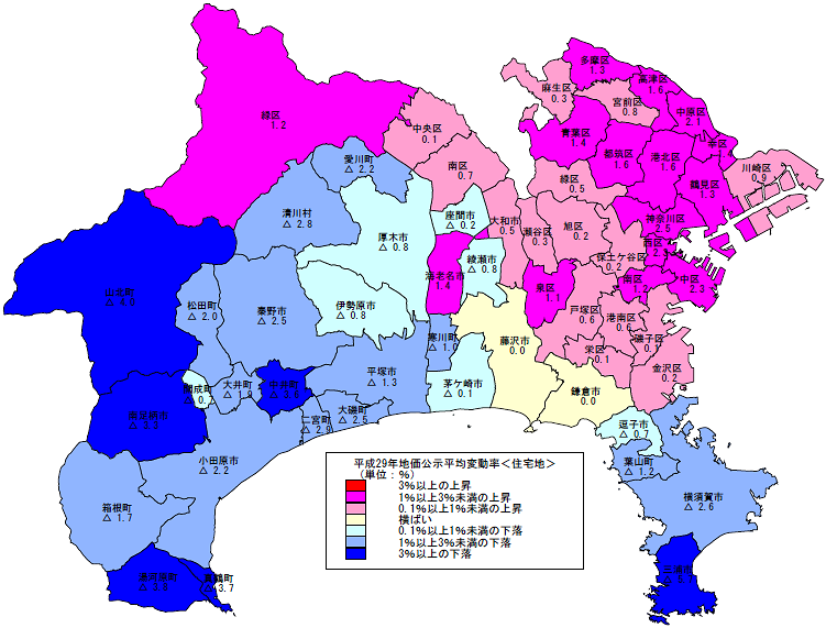 平成29年地価公示（神奈川県分）　平均変動率地図（住宅地）