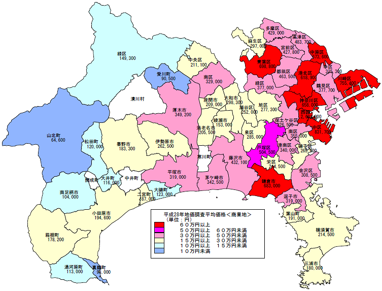 平成28年地価調査　市区町村別　平均価格地図（商業地）