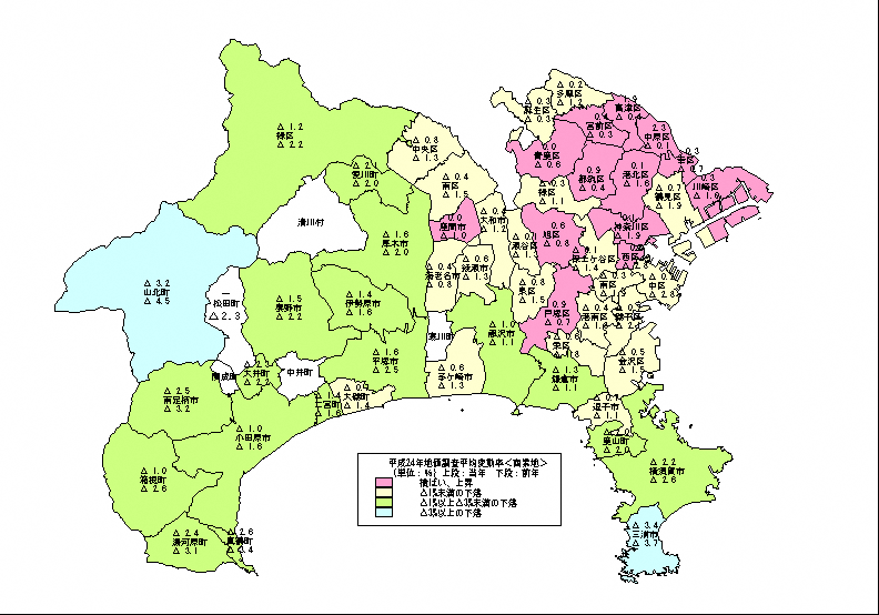 平成24年地価調査　市区町村別　平均変動率地図（商業地）