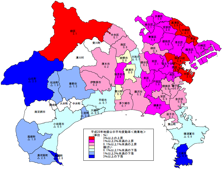 平成28年地価公示（神奈川県分）　平均変動率地図（商業地）