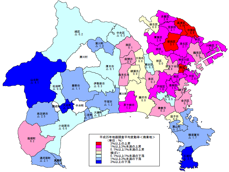 平成25年地価調査　市区町村別　平均変動率地図（商業地）