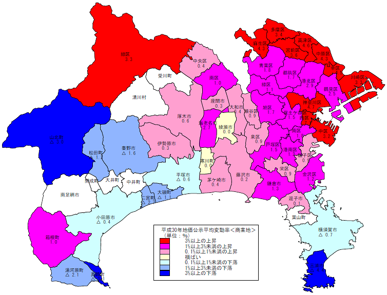 平成30年地価公示（神奈川県分）　市区町村別　平均変動率地図（商業地）