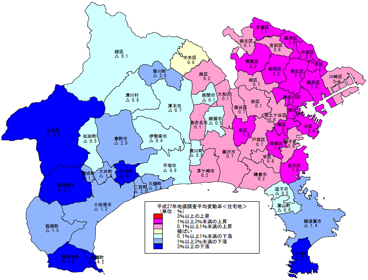 平成27年地価調査　市区町村別　平均変動率地図（住宅地）