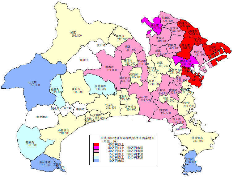 平成30年地価公示（神奈川県分）　市区町村別　平均価格地図（商業地）