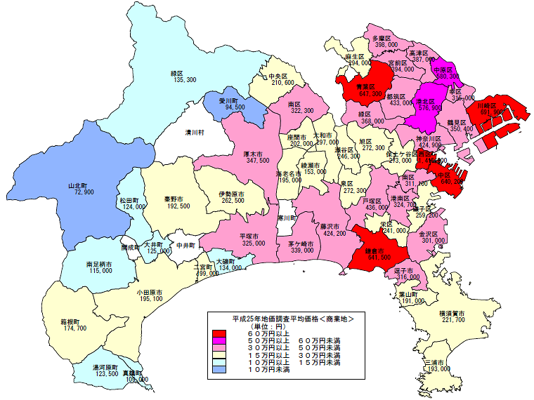 平成25年地価調査　市区町村別　平均価格地図（商業地）