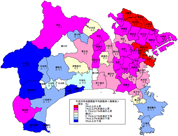 平成29年地価調査　市区町村別　平均変動率地図（商業地）