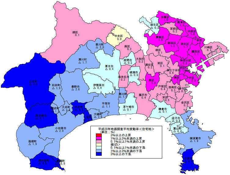 平成28年地価調査　市区町村別　平均変動率地図（住宅地）