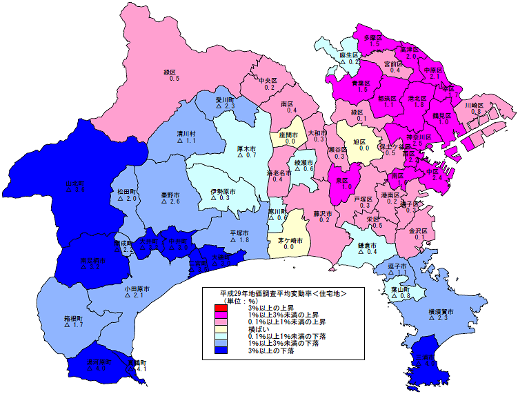 平成29年地価調査　市区町村別　平均変動率地図（住宅地）