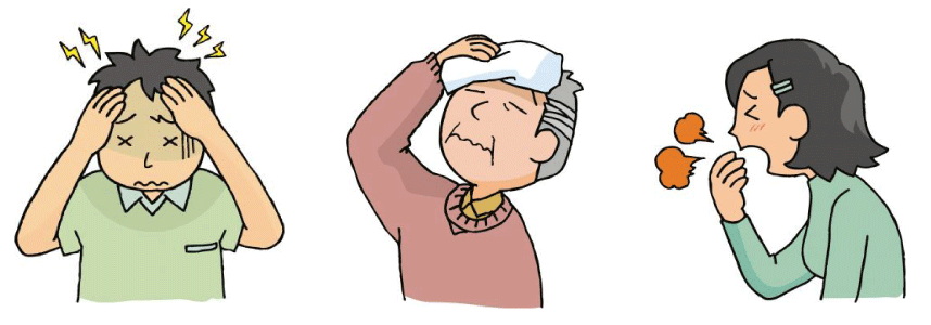 イラスト：頭痛、発熱、咳