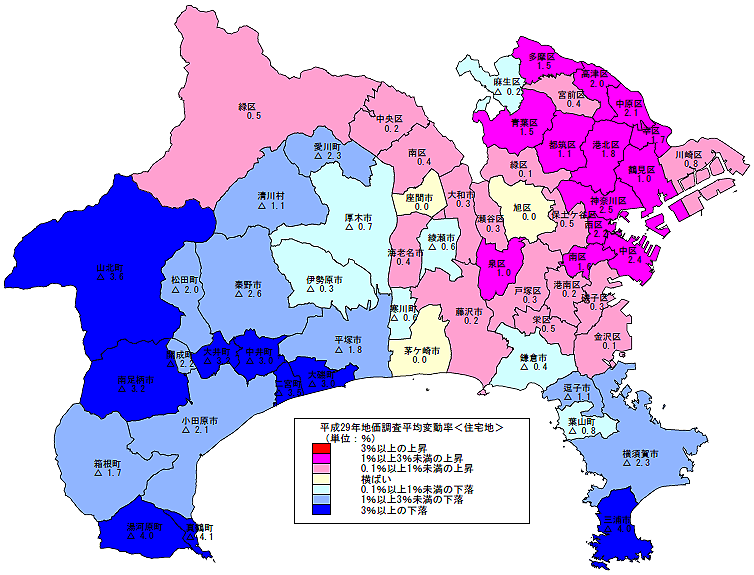 平成29年地価調査　市区町村別　平均変動率地図（住宅地）