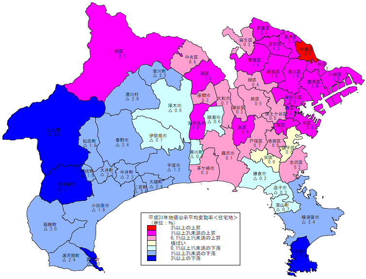 平成31年地価公示（神奈川県分）　市区町村別　平均変動率地図（住宅地）