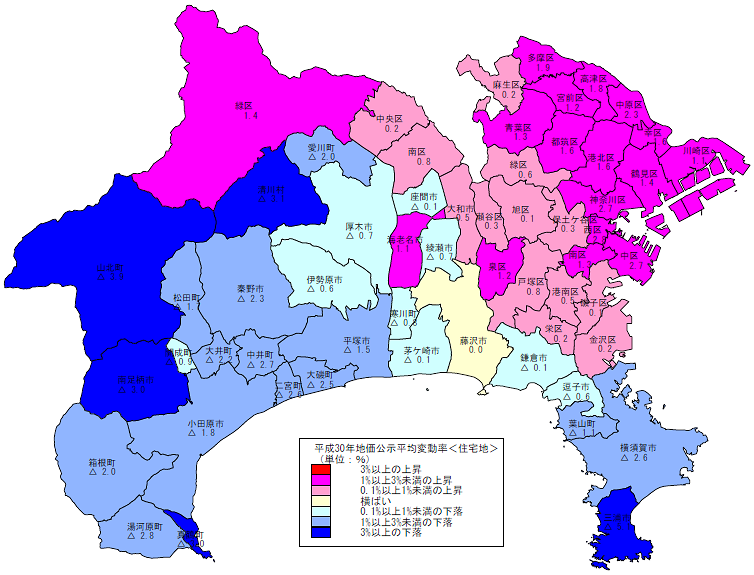 平成30年地価公示（神奈川県分）　市区町村別　平均変動率地図（住宅地）