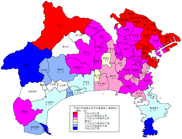 平成31年地価公示（神奈川県分）　市区町村別　平均変動率地図（商業地）