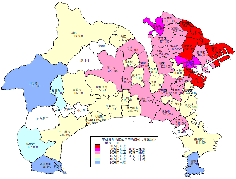 平成31年地価公示（神奈川県分）　市区町村別　平均価格地図（商業地）