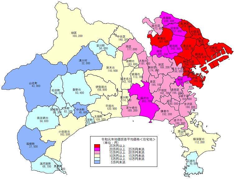 令和元年地価調査　市区町村別　平均価格地図（住宅地）