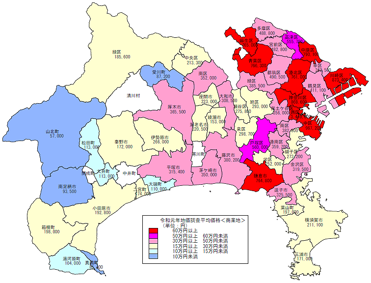令和元年地価調査　市区町村別　平均価格地図（商業地）