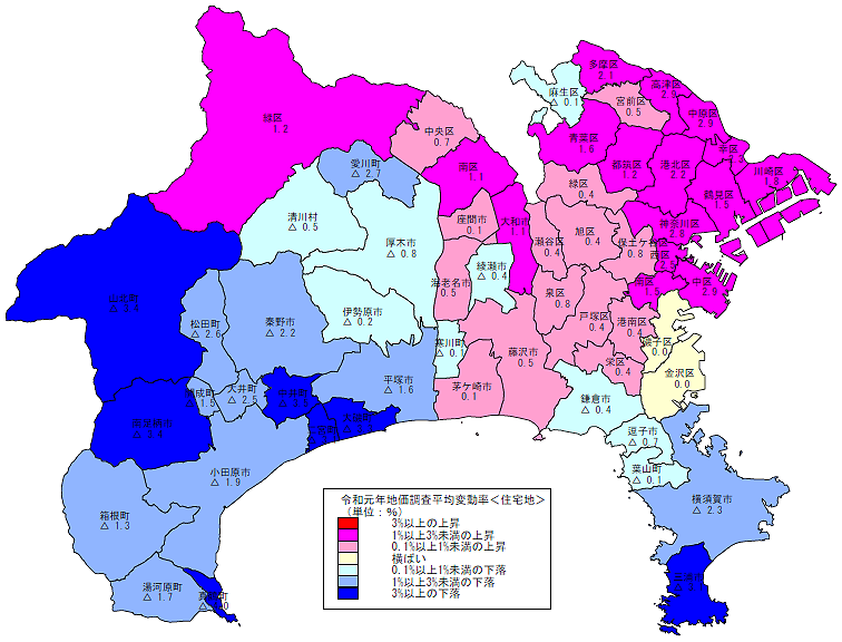 令和元年地価調査　市区町村別　平均変動率地図（住宅地）