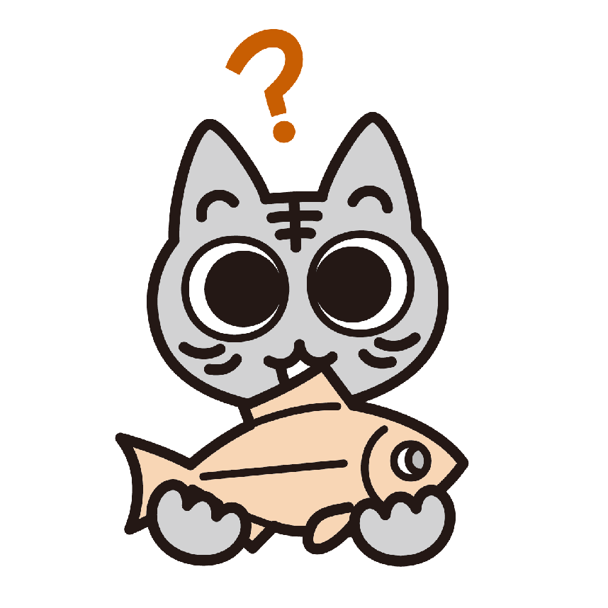 魚を持って不思議がるニャン吉