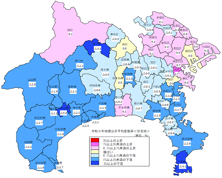 令和３年地価公示（神奈川県分）　市区町村別　平均変動率地図（住宅地）