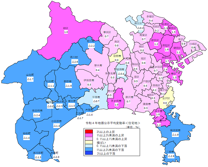 令和４年地価公示（神奈川県分）　市区町村別　平均変動率地図（住宅地）