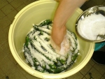 写真：キュウリと7割の塩をすべて容器に入れたら、取り分けておいた3割の塩を上にのせる
